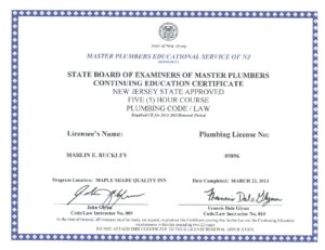 MEB NJ Plumbing CE Certificates as of 122016 - Marlin E. Buckley P.C.